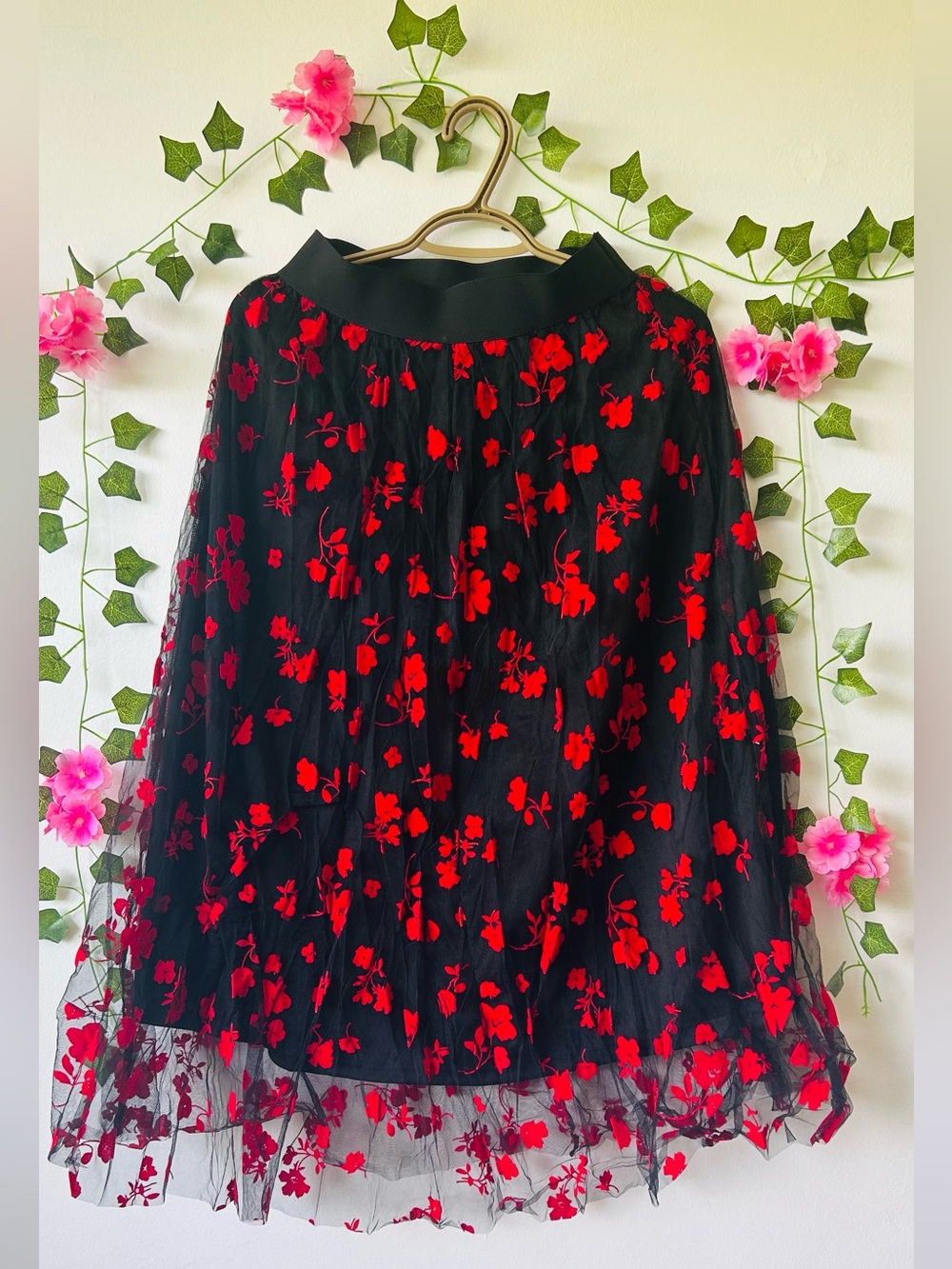 Black Tulle Midi Skirt with Red Floral Embroidery size S
